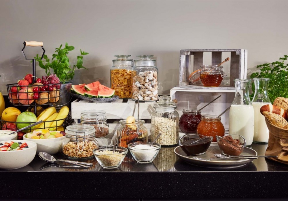 Breakfast buffet with fruit and muesli selection